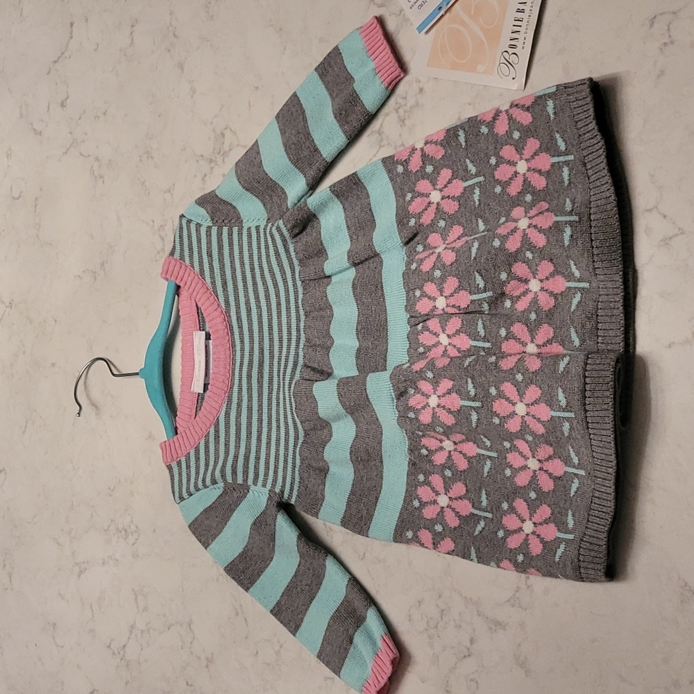 BONNIE BABY SWEATER DRESS 6-9 MONTHS, MINT GREEN,  PINK AND GREY